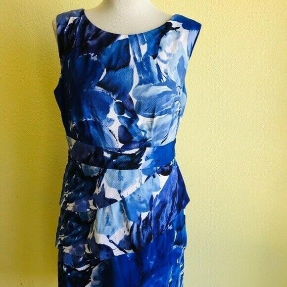 Connected Apparel Women Blue Floral Print Tiered Sheath Dress Sz 6/14 - Picture 2 of 8